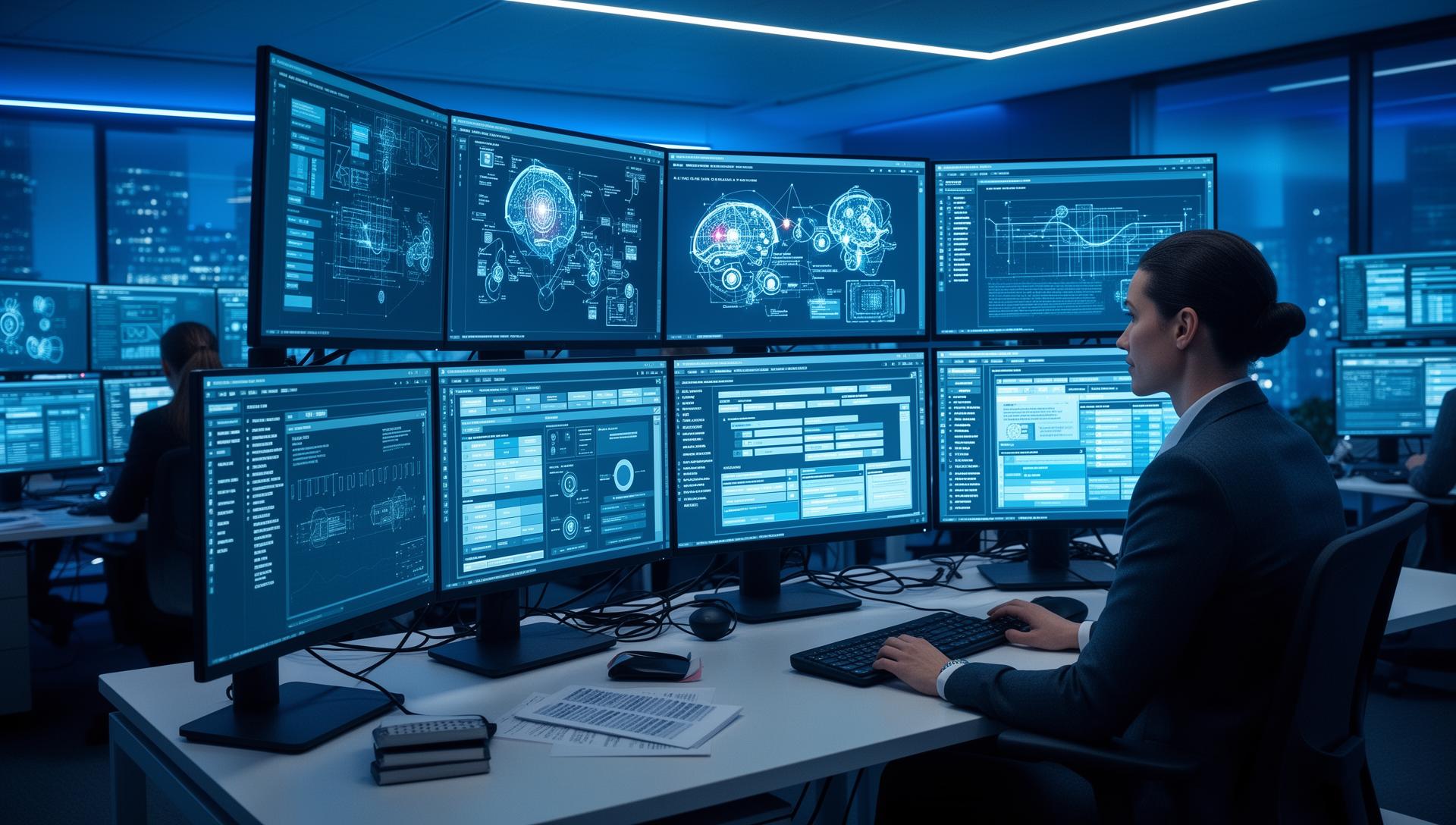 Operations center with human operators working alongside AI decision support systems