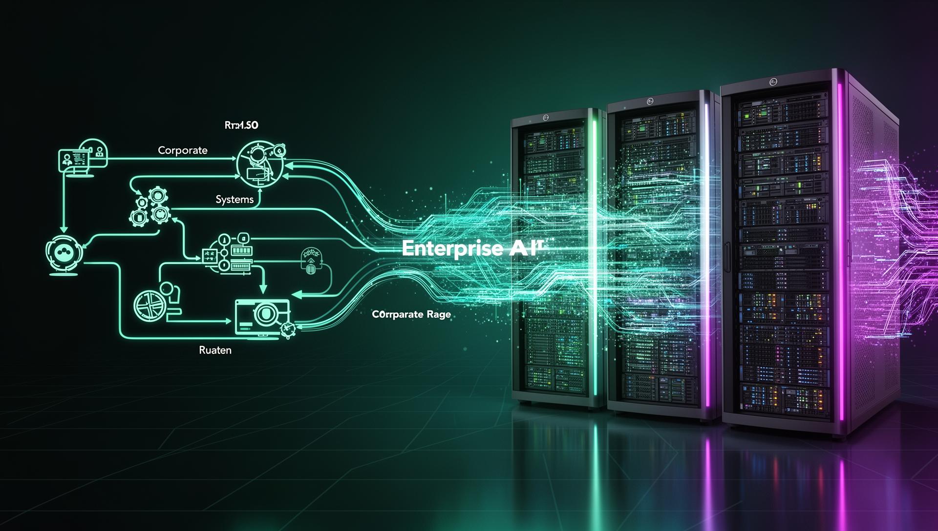 Enterprise AI infrastructure with secure data pipelines flowing into corporate systems