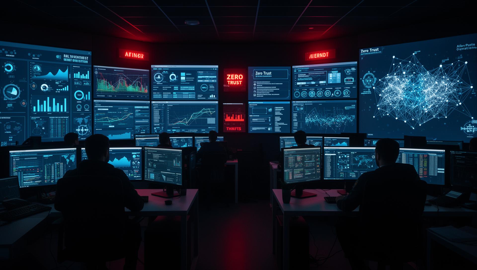 Security operations center with analysts monitoring threat detection dashboards